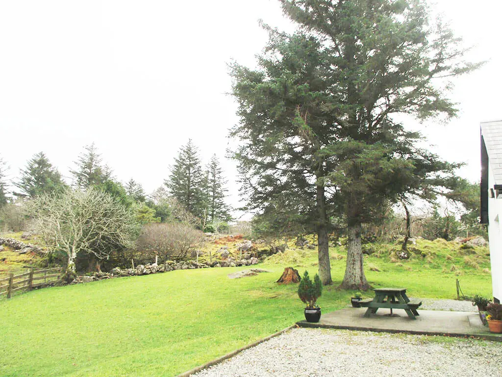 seating-area-patio-trees-grass-fence-plants-bench-cottage-donegal-ireland-rental-vacation-holiday